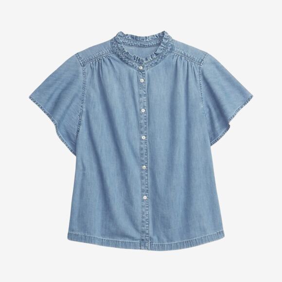 Gap Ruffle Collar Flutter Sleeve Denim Chambray Button Front Top Size Small - Picture 10 of 10